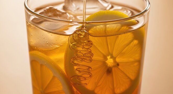 Tea being poured into a glass with ice and lemon slices