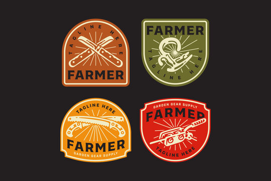 Farmer tools retro badge design for Landscaping. Set of vintage agricultural hand tools patch. Cultivation rustic emblem logo with knife, Vine clip, Pruning shears, Wire tensioner illustration