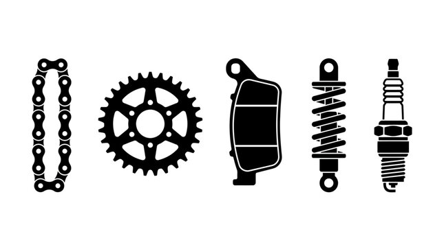 Set of motorcycle spare parts icons including chain sprocket brake pad shock absorber and spark plug.