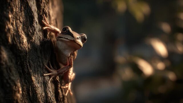 A curious frog clings to a tree trunk, with a blurry background of bokeh light