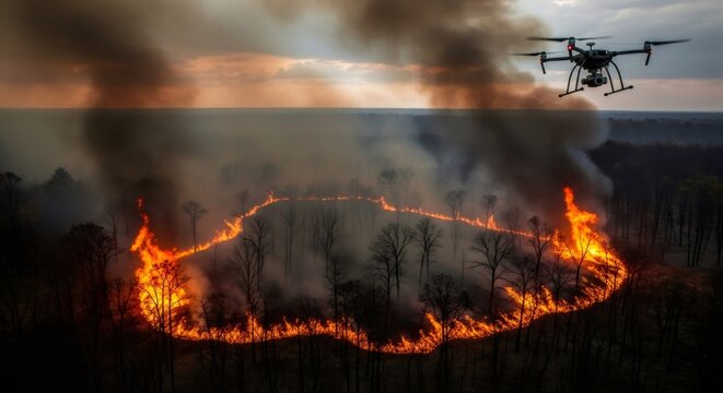 Drone flying over wildfire in forest. Aerial view of bushfire with dark smoke under evening sky. Modern technology for fire safety and emergency response.