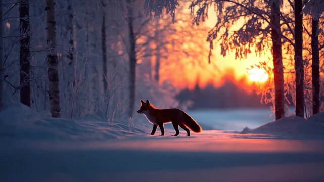 A fox walks through a snow-covered forest at sunrise, with frosted trees in the background