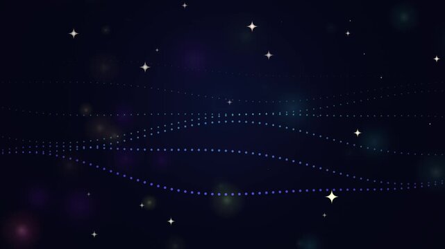 Abstract dark motion background featuring wavy lines of purple and blue glowing dots, shimmering four-pointed stars, and subtle bokeh light effects on a deep navy night sky.