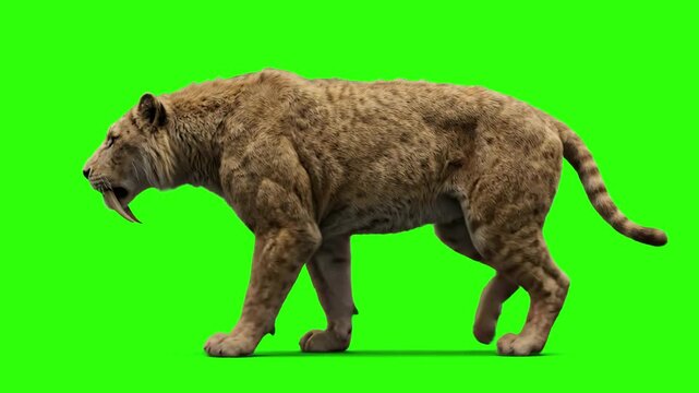 A realistic 3D walk cycle of a muscular prehistoric saber-toothed cat, Smilodon, against a solid green screen. Ideal for compositing into Ice Age environments, paleontology educational videos, and nat