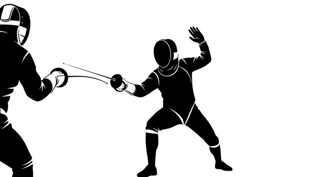 Black and white silhouette illustration of two fencers competing in a fencing match, isolated on a white background.