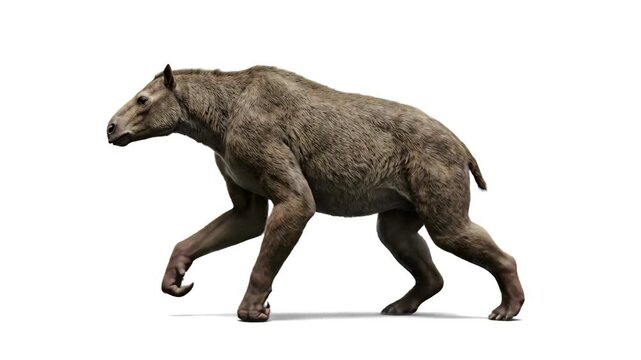A realistic 3D render of the extinct prehistoric mammal Chalicotherium walking on its knuckles, isolated on a clean white background. Excellent for evolutionary biology guides, paleontology documentar