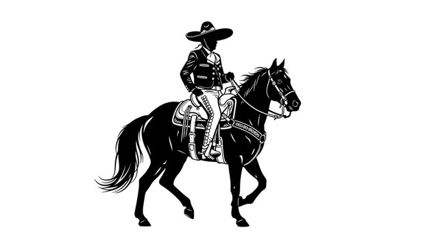 Minimalist black and white silhouette of a Mexican charro riding a horse. Traditional western equestrian design, perfect for cultural and travel themes.