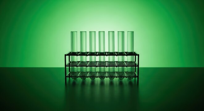 A rack of test tubes sits on a table against a green background in a laboratory setting with science equipment.