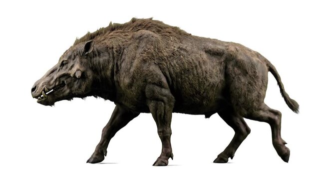 A realistic 3D walk cycle of the muscular prehistoric entelodont, an ancient "hell pig" creature, moving against a clean white backdrop. Ideal for textbook illustrations, paleontology media, and educa