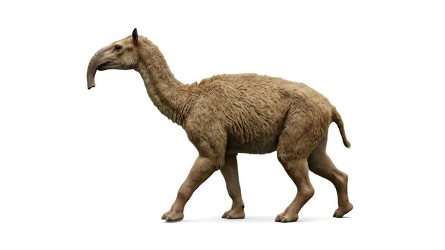 High-detail 3D model of a prehistoric Macrauchenia, an extinct South American ungulate mammal with a trunk-like snout, isolated on a clean white background with soft shadows. Perfect for paleontology 