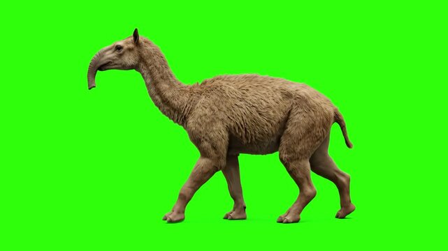 A realistic 3D walk cycle animation of the extinct South American mammal Macrauchenia moving against a chroma key green background. Ideal for ice age documentaries, paleontology presentations, and cus