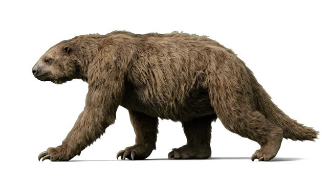 A realistic 3D animation showing the extinct Pleistocene giant ground sloth Megatherium executing a walk cycle against a clean white backdrop. Perfect for textbook illustrations, clean product mockups