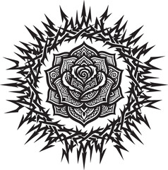 Fototapeta premium Detailed black and white rose with mandala patterns, enclosed in a circular frame of sharp, jagged, thorny tribal style spikes