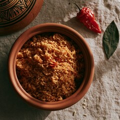 Obraz premium Jollof rice flat lay with scattered scotch bonnet pepper on linen