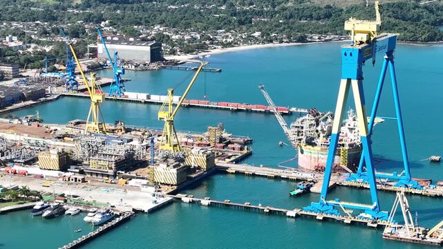 Praia do Machado, Angra dos Reis. Large shipyard in operation. Aerial view.