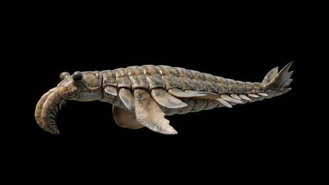 High-contrast 3D render of a Cambrian predator Anomalocaris swimming, isolated against a solid pitch-black background. Excellent for early ocean evolution documentaries, paleontology visual overlays, 