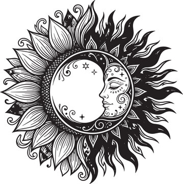 Intricate black and white celestial sun and moon face with floral sunflower petals and swirling cosmic patterns on white