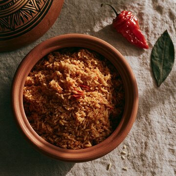 Jollof rice flat lay with scattered scotch bonnet pepper on linen