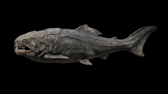 A detailed 3D render of the ancient armored placoderm fish Dunkleosteus swimming gracefully through dark waters, isolated on a solid black background. Designed for paleontology exhibits, deep-sea mons