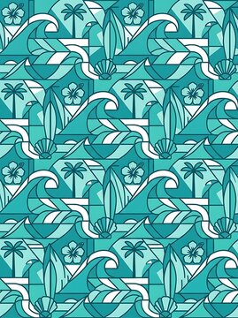 Teal geometric tropical pattern featuring waves palms and hibiscus