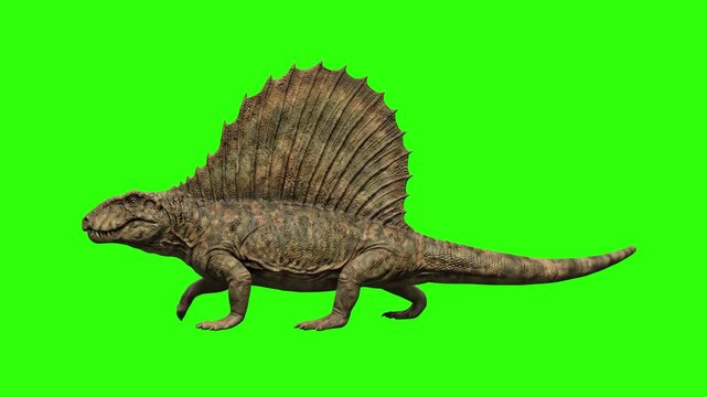 A detailed 3D prehistoric Dimetrodon walking forward in profile view, isolated on a chroma key green screen background. Perfect for cinematic compositing, paleontology film VFX, educational history vi