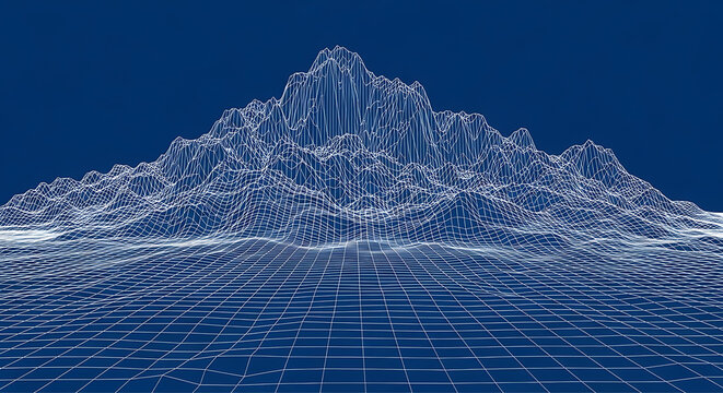 Abstract mountain landscape visualization created with digital lines and glowing nodes mountain abstract technology landscape visualization geography wireframe innovation connectivity