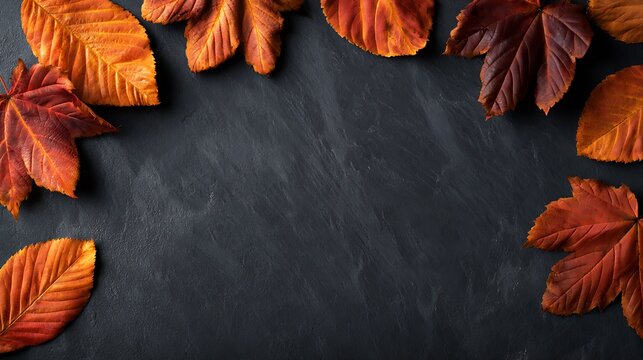 Orange and red autumn leaves arranged around a dark slate textured background with central copy space