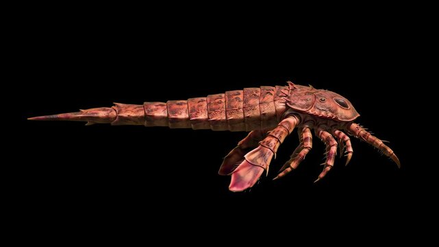 Detailed 3D model of a prehistoric Eurypterid (ancient sea scorpion) crawling, isolated against a solid pitch-black background. Perfect for paleozoic ocean documentaries, ancient marine predator visua