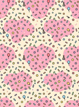 Pastel party seamless pattern with sprinkles and balloons