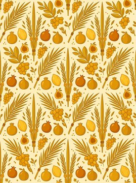 Seamless pattern of traditional jewish holiday harvest symbols and fruits