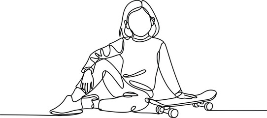 Continuous one line drawing of a young girl sitting on a skateboard, minimalist vector illustration for active lifestyle concept © Art by Chandon
