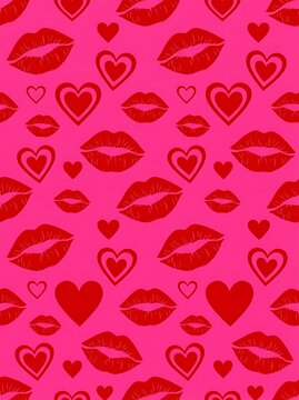 Red lips and hearts seamless pattern on bright pink background