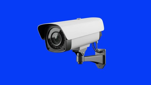 A 3D model of a modern outdoor CCTV surveillance camera panning against a solid blue background. Ideal for commercial safety advertisements, privacy documentaries, and high-tech security presentations