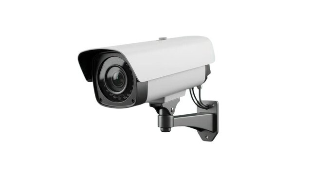 A 3D render of a modern outdoor security camera panning slowly against a clean white background. Great for home defense, public safety, and private surveillance concepts.