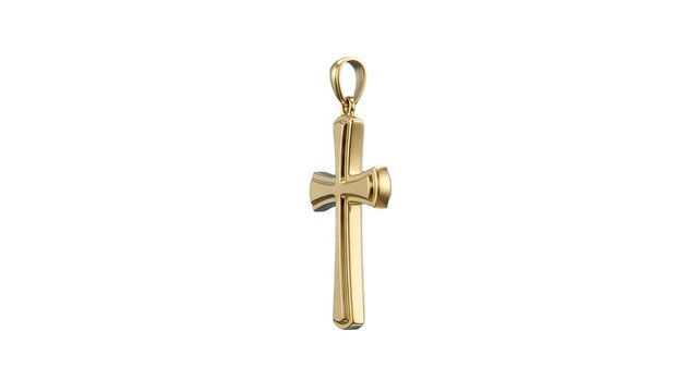 A polished gold Christian cross pendant with a top bail hanging vertically, isolated against a solid white studio backdrop. Ideal for jewelry store advertising, religious gift marketing, baptism and c
