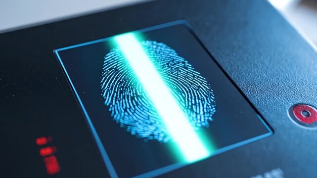A glowing blue fingerprint is displayed on a digital scanner screen