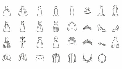 Wedding attire icons display a collection of dresses, suits, veils, and jewelry in a clean linear style. © Alpha