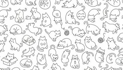 Cats in various playful poses create a repeating pattern of hand-drawn feline characters on a clean white background. © Alpha
