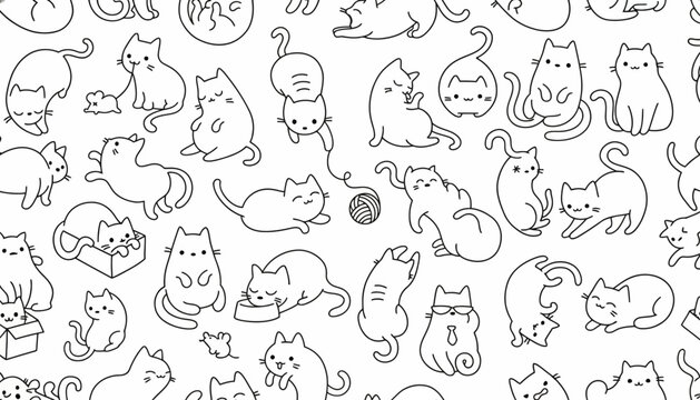 Cats in various playful poses are arranged in a seamless repeating pattern against a white background.