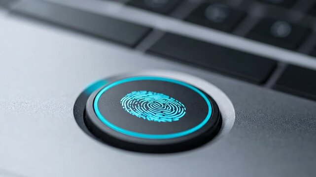 A glowing blue fingerprint scanner on a modern metallic laptop surface
