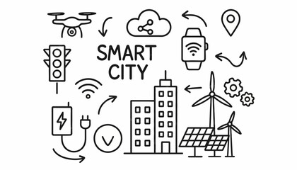 Smart city concept features a collection of outline icons representing modern urban technology, renewable energy, and digital connectivity. © Alpha