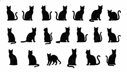 Cats depicted in various sitting poses form a collection of black silhouettes suitable for graphic design projects. © Alpha