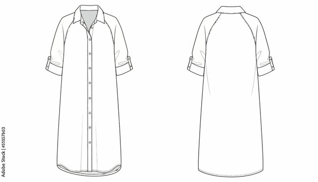 Shirt dress technical sketch displays the front and back view of a garment with rolled sleeves and a button-down placket.