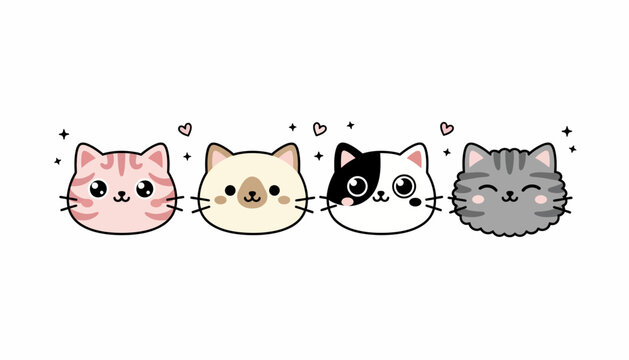 Cats in chibi style are arranged in a horizontal row against a plain white background to create a cute design.