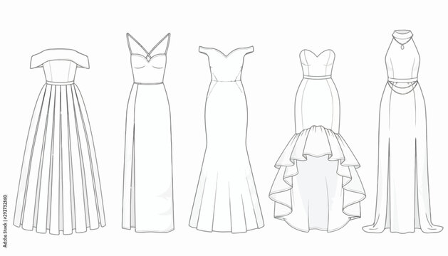 Dresses presented as line art outlines provide a versatile template for fashion designers to color or modify.
