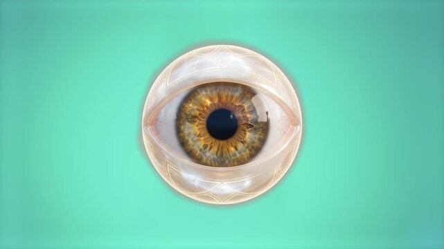 3D model of a realistic human eye with a hazel brown iris enclosed in a clear sphere, floating over a mint green background. Great for vision health commercials, ophthalmology promos, optics technolog