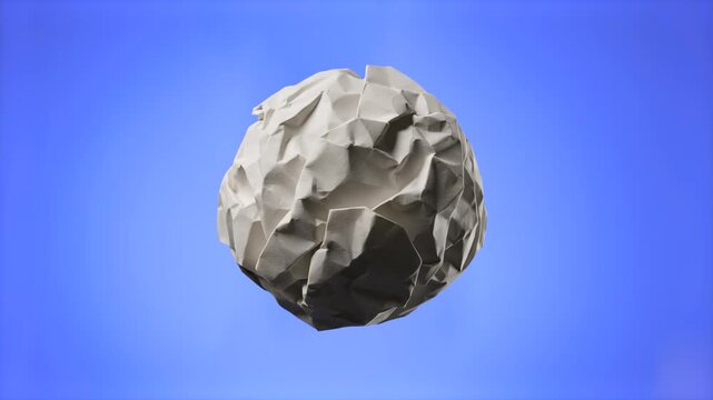 A detailed 3D render of a crumpled ball of white paper rotating against a solid blue chroma key background. Ideal for waste recycling concepts, creative brainstorming ideas, document editing transitio