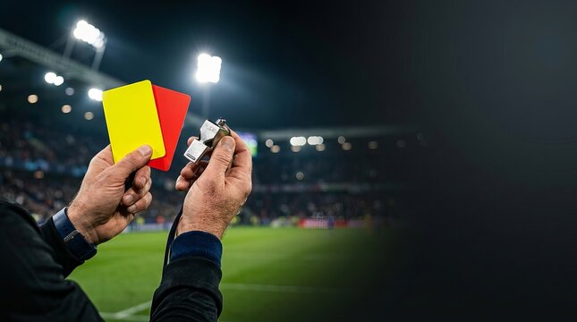 Soccer Referee Holding Yellow and Red Cards During Match,Football Referee Showing Yellow and Red Cards,Soccer Official with Warning and Dismissal Cards,soccer referee holds yellow and red cards whistl