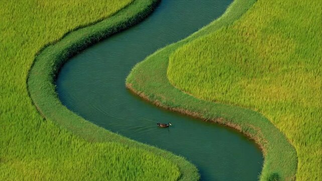 Aerial view of a winding river through vibrant green fields with a solitary duck swimming