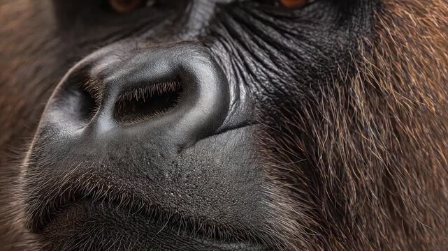 Extreme close-up of a gorilla's face, focused on the nose, fur, and skin texture